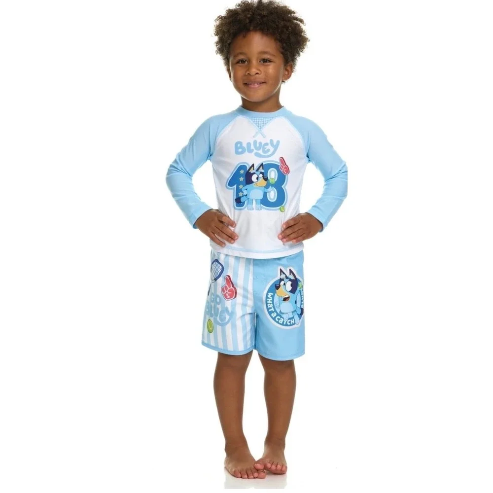 Bluey Toddler Boy Long Sleeve Rash Guard and Trunk Swim Set 2 Piece Blue 4T